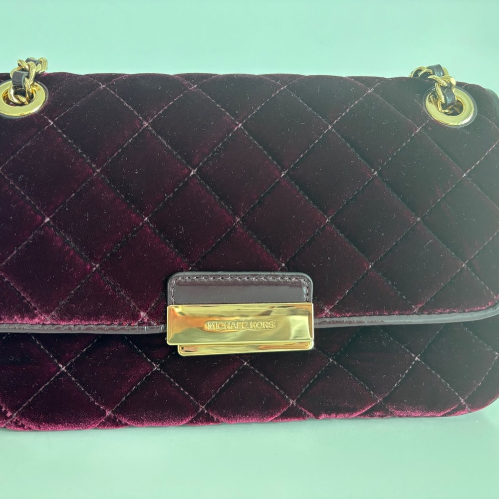 michael kors gold-toned burgundy leather and velvet bag, medium size